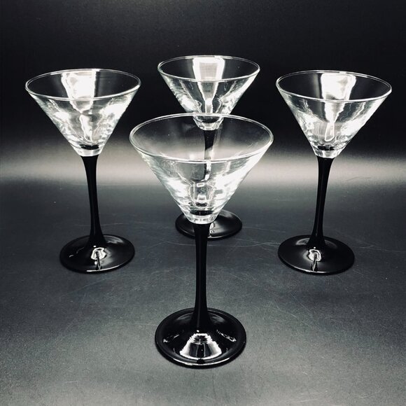 80s Black Stem Martini Glass set of 4 Cosmopolitan Domino Vintage Barware - Picture 2 of 11